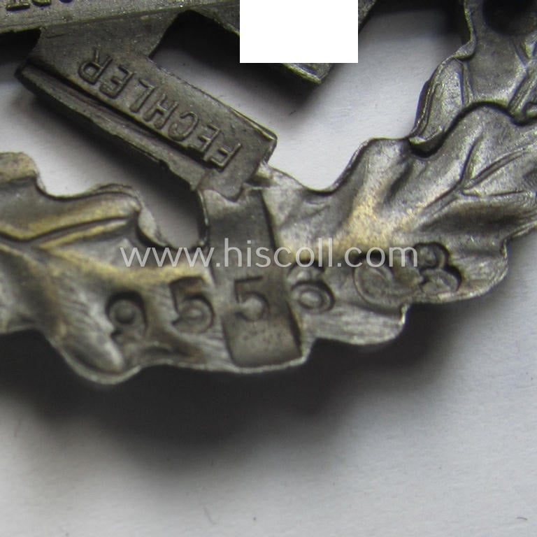 Early- (ie. pre-) war-period example of an: 'SA-Sportabzeichen in Bronze' being a detailed and/or neatly maker- (ie. 'Fechler - Bernsbach i. Sa.'-) marked example that shows an impressed bearers'-number (ie. '955603')