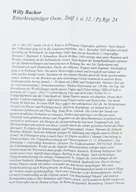 Signature of Wehrmacht (Heer) KC Recipient 'Wilhelm Bachor'