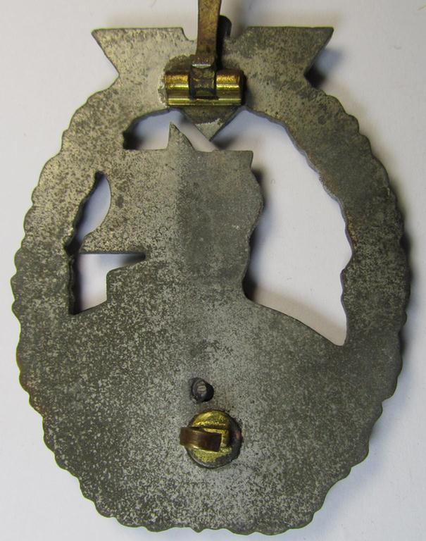 Attractive, WH (Kriegsmarine) 'Hilfskreuzer-Kriegsabzeichen' (or: auxiliary-cruiser war-badge) being a typical, non-maker-marked- and/or: 'Feinzink'-based example as was produced by the: 'S&L'-company