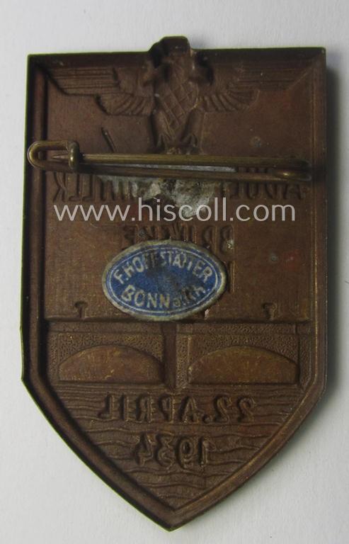 Commemorative - and scarcely found! - so-called: N.S.D.A.P.-related 'tinnie' (ie. 'Tagungs- o. Veranstaltungsabzeichen'-) being a maker- (ie. 'F. Hofstätter'-) marked example showing the text: 'Adolf Hitler Brücke - Koblenz - 22. April 1934'
