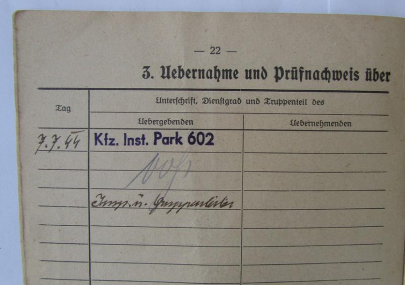 Neat - and truly unsually encountered! - WH vehicle-ID-paper (or: 'Begleitheft') as was issued for a: 'Lastkraftwagen Ford (Rum.)' holding the license-plates: 'RU-15461' that comes in a fully complete and/or filled-in condition