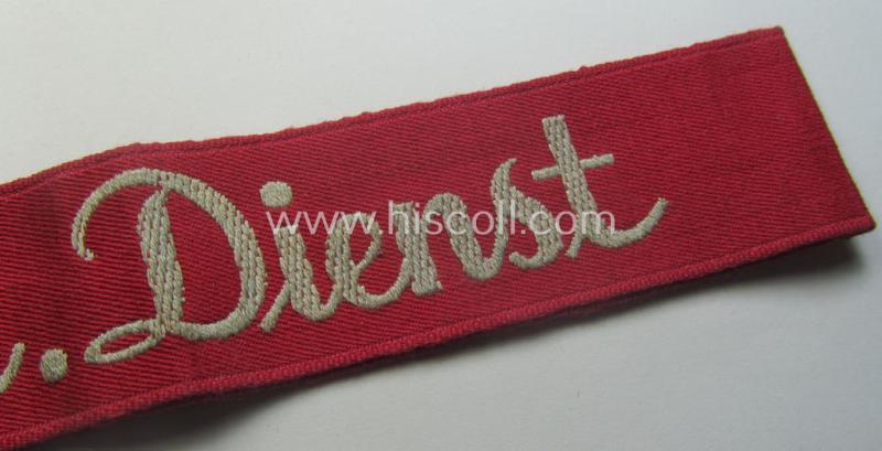 Never before seen - and unidentified! - bright-pink-toned and neatly 'BeVo'-woven, TR-period cuff-title (ie. 'Ärmelstreifen') depicting the greyish-silver-toned text: 'Techn. Dienst'