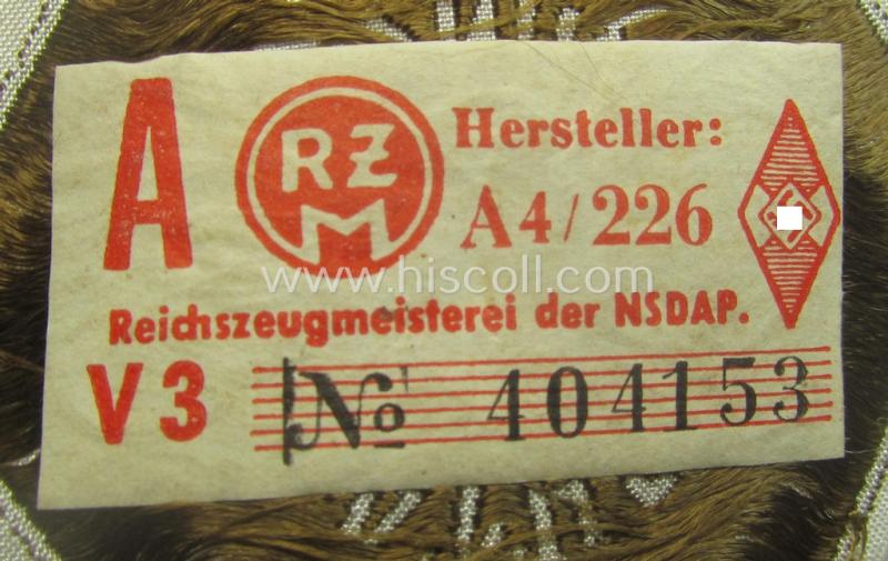 HJ- (ie. 'Hitlerjugend') 'Leistungsabzeichen in Bronze in Stoff' that retains its period-attached 'RzM'-etiket