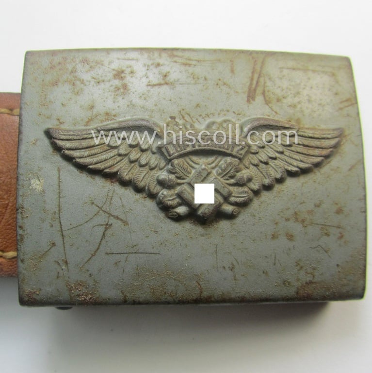 RLB (ie. 'Reichsluftschutz-Bund'), steel-based EM- (ie. NCO-) type belt-buckle (of the third- and final pattern) being a non-maker-marked example that comes mounted onto its maker-marked and/or: '1942'-dated tab