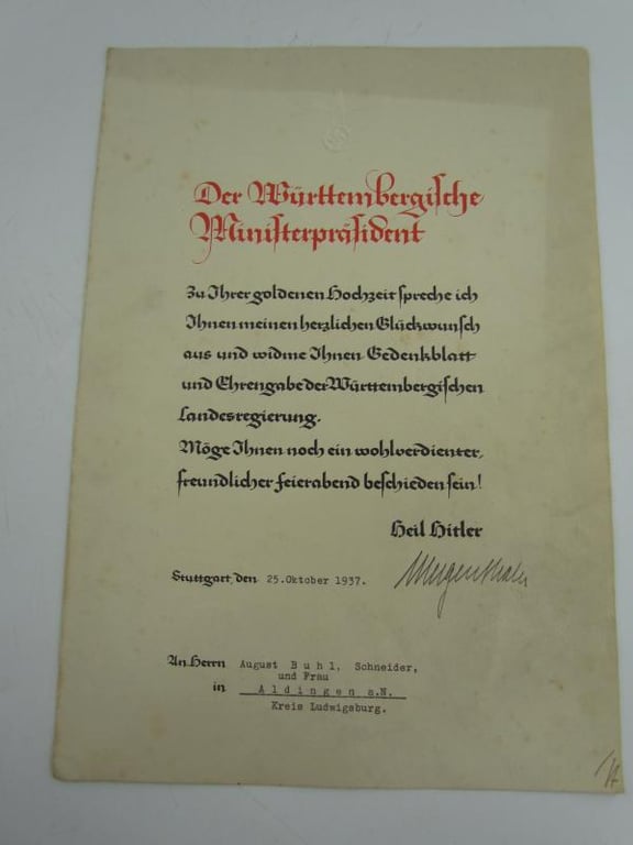 Third Reich Golden Wedding Anniversary Award Grouping 1937