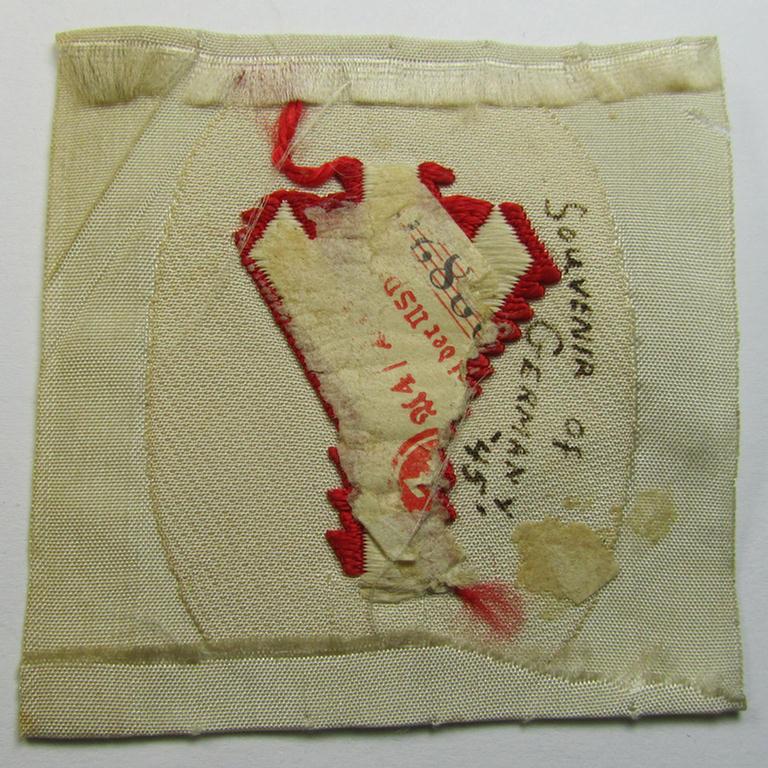 Neat, HJ/BDM (ie. 'Hitlerjugend'/'Bund Deutscher Mädel') trade- or specialist armbadge as executed in neat 'BeVo'-weave pattern as was intended for usage by a: 'Feldscher' (or: medical orderly) still retaining the remains of its 'RzM'-etike...