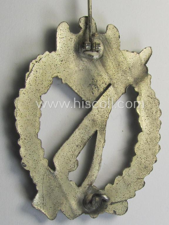 Attractive, 'Infanterie Sturmabzeichen in Silber' (or: silver-class infantry-assault-badge ie. IAB) being a non-maker-marked, so-called: 'solid-back-example as was (I deem) produced by the: 'R.A. Karneth u. Söhne'-company
