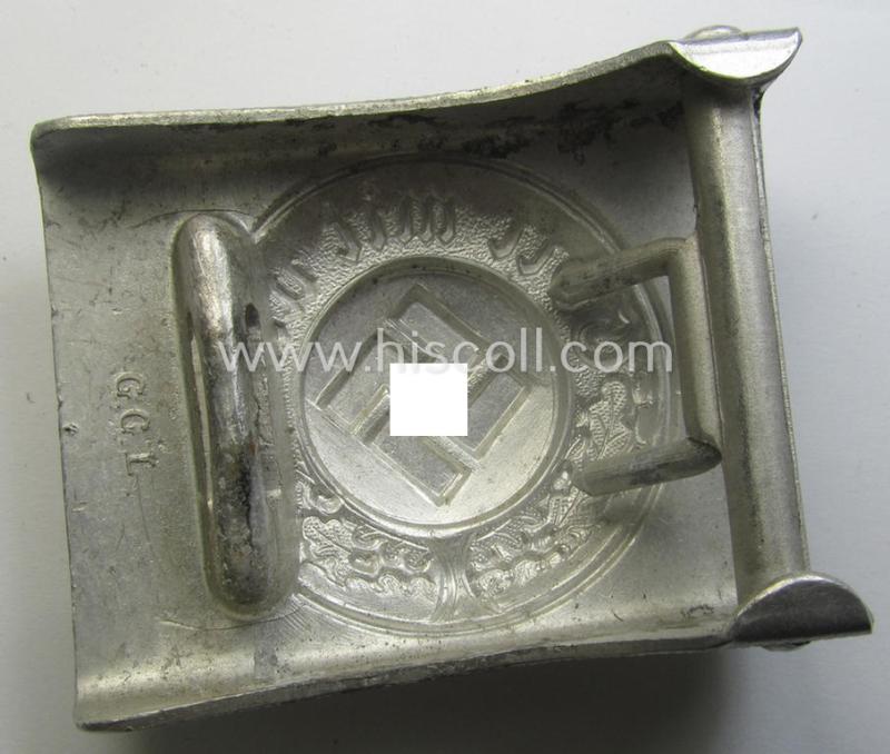 Police- (ie. 'Polizei') 'standard'-pattern, silver-toned- and aluminium-based belt-buckle (ie. 'Koppelschloss für Mannschaften u. Uffz. der Polizei') being a nicely maker- (ie. 'G.G.L.'-) marked example