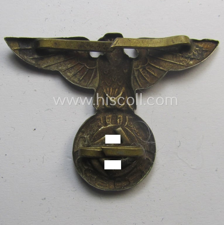 Silver-toned - and 'Buntmetall'-based - early-pattern, SS- o. SA-type, political visor- (ie. 'Schirmmützen'-) cap- (ie. 'Kepi'-) eagle being a maker- (ie. 'RzM ?'-) marked example that comes in a used- ie. carefully cap-removed, condition