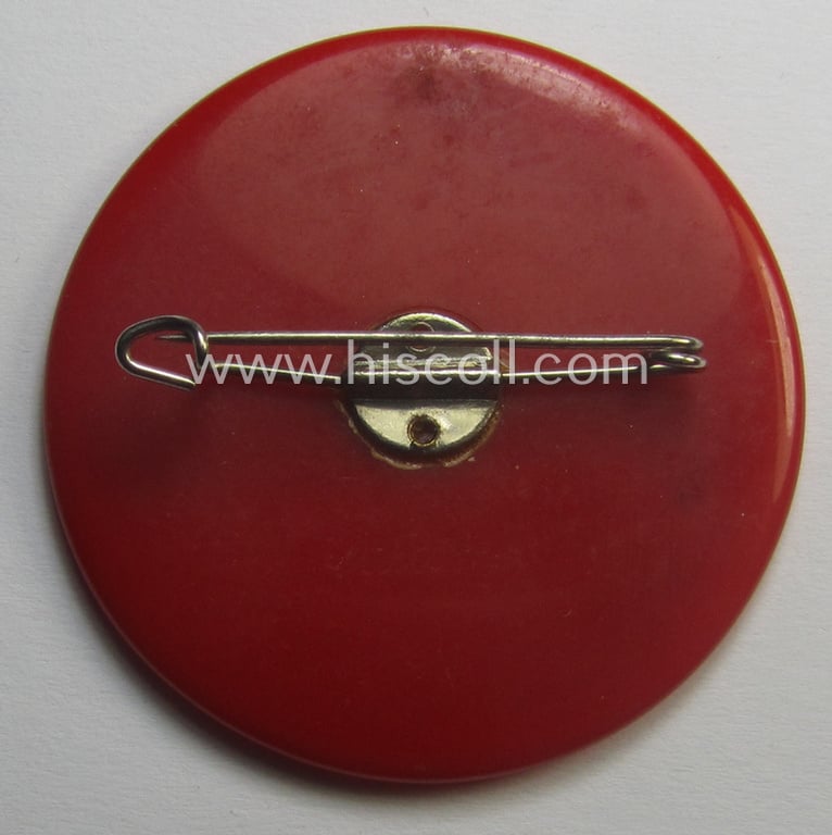 Bright-red-coloured- and/or unusually 'resin'-based so-called: N.S.D.A.P.-related day-badge (ie. 'tinnie' or: 'Veranstaltungsabzeichen') bearing the text: '10 Jahre Gau Osthannover - 1925-1935 - Gautag 1935'