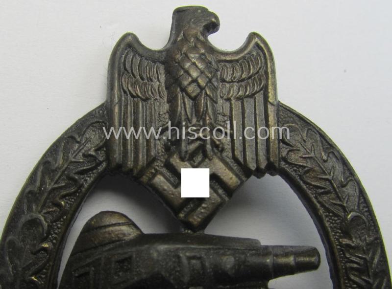 'Panzerkampfabzeichen in Bronze' (or: bronze-class panzer-assault badge or PAB) being a clearly maker- (ie. 'AS'-) marked- and/or zinc- (ie. 'Feinzink'-) based specimen, as was procuced by the: 'Adolf Scholze'- (ie. 'A.S.'-) company