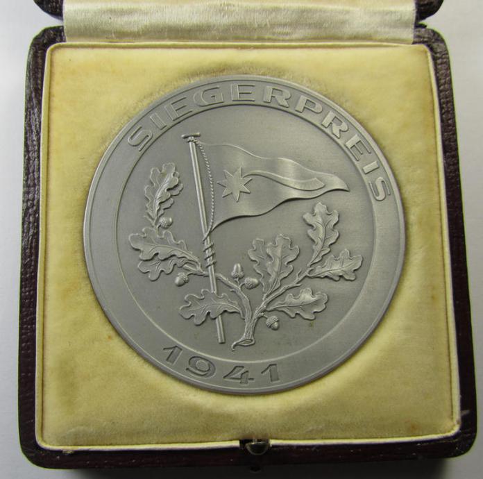 Attractive, silver-greyish-toned- (ie. 'zinc'-based) so-called: WH sports-related commemorative-plaque entitled: 'Siegerpreis 1941 - Dresden Vereinsregatta' and that comes stored in its period etui