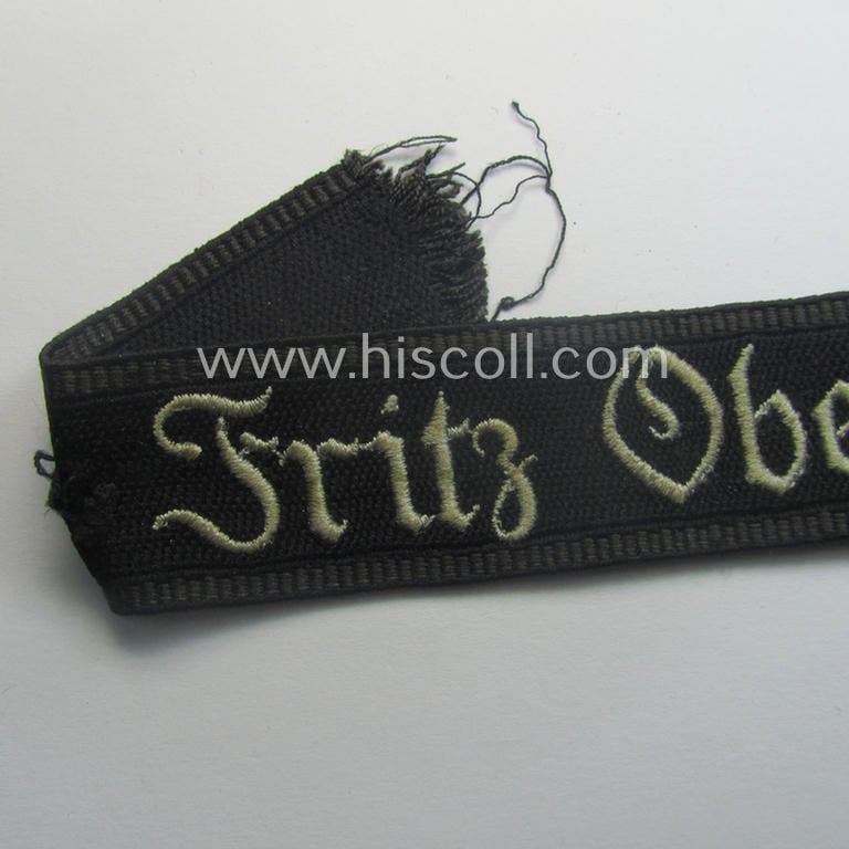 SA- (ie. 'Sturmabteilungen') honorary-cuff-title (ie. 'Ärmelstreifen') entitled: 'Fritz Obermüller' (as was intended for SA-members serving within the: 'SA-Standarte 6 / SA-Gruppe Alpenland')