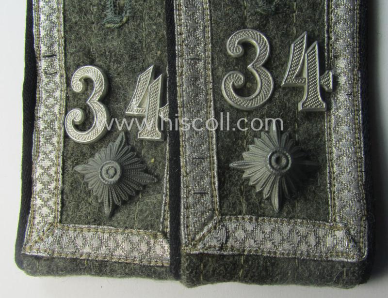 Typical later-war-period - and fully matching! - pair of so-called: 'M44'-pattern, 'simplified' WH (Heeres) NCO-type shoulderstraps: 'Feldwebel der Pionier-Trpn. u. Mitglied des Pionier-Regimentsstabs 34'