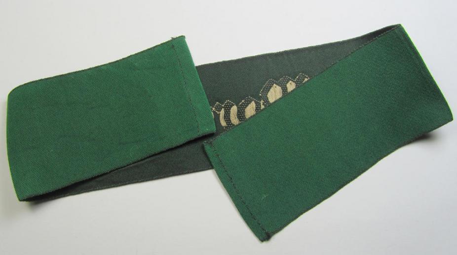 Attractive, linnen-based- and/or bright-green-coloured cuff-title (ie. 'Ärmelstreifen') depicting the text: 'L.S. Warndienst', as was intended for staff-members of the German RLB (ie. 'Reichsluftschutz-Bund')