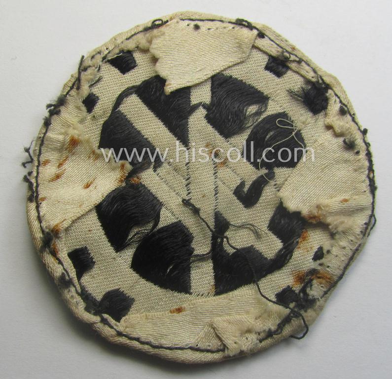 Truly used - and most certainly scarcely found! - Dutch-related, TeNo- (ie. 'Technische Nothilfe'-) related armband-patch (ie. 'Abz. für den TeNo-Armbinde') being of the 'BeVo-woven'-type showing the typical 'TeNo'-symbol