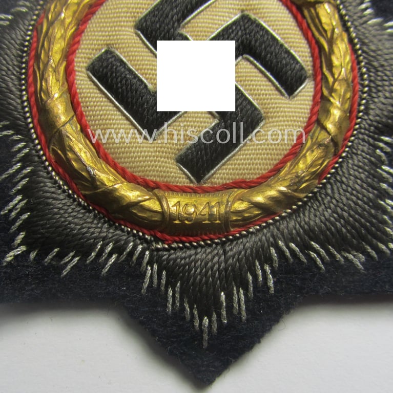 Stunning, black-toned WH (Heeres o. Waffen-SS 'Panzer' ie. Kriegsmarine-related-) 'Deutsches Kreuz im Gold in Stoff' (ie. cloth-based DKiG or German Cross in gold)