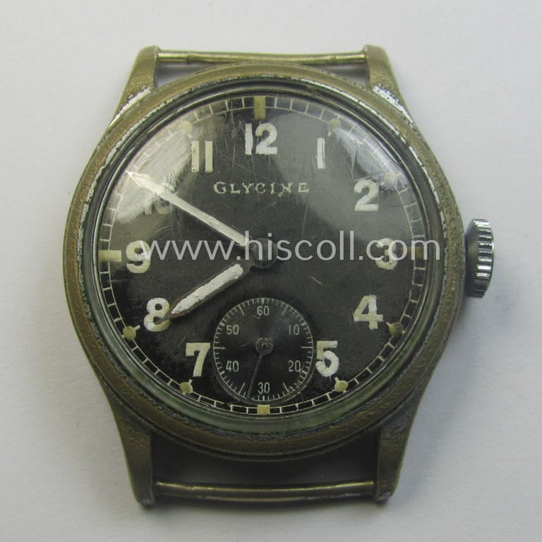 Neat - and scarcely encountered! - WH (Heeres, LW etc.) WWII-period wrist-watch (or: 'Dienstuhr') of the make: 'Glycine' having an engraved number: 'D76763H' on its back (and that comes in a functional- ie. running condition)