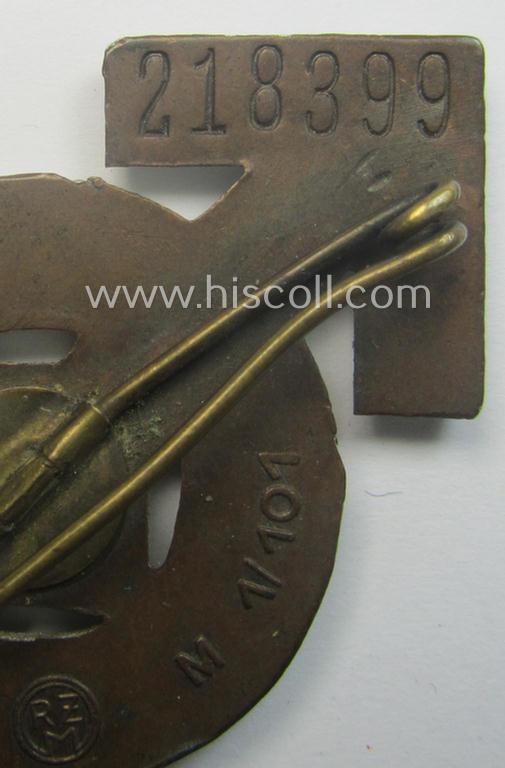 'Cupal'-based, HJ/BDM- (ie. 'Hitlerjugend'/'Bund Deutscher Mädel'): 'Leistungsabzeichen in Silber' being a neatly maker- (ie. 'RzM M1/101'-) marked example that is bearing the unique bearers'-number: '218399'