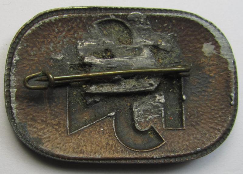 Attractive - albeit worn! - so-called: N.S.V. (ie. 'Nationalsocialistische Volkswohlfahrt') membership-lapel-pin (ie. 'Brosche') as executed in bronze-toned 'Feinzink' as was specifically intended for: 'Staatlich geprüfte Kindergärtnerinnen'
