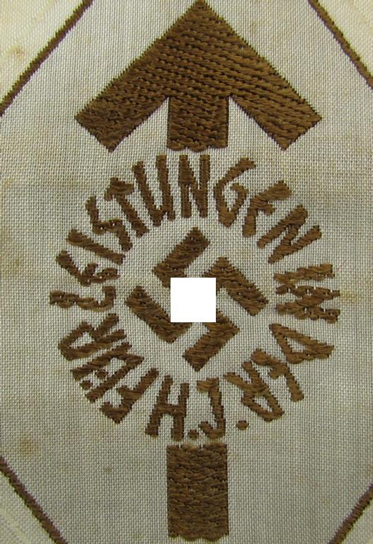 Attractive, HJ- (ie. 'Hitlerjugend') 'Leistungsabzeichen in Bronze' (or: bronze-class youth sports'-badge) as executed in the: 'BeVo'-weave pattern that still retains its period-attached 'RzM'-etiket