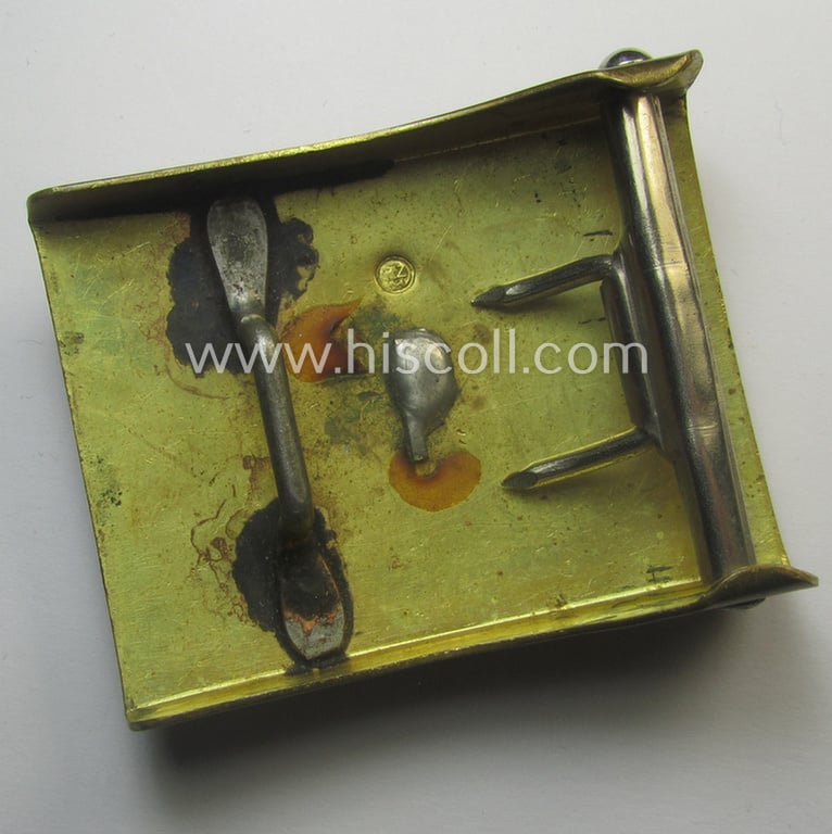 Neat and typically regular-sized! - example of a pre-war-period, SA (ie. 'Sturmabteilungen') copper- (ie. 'messing'-) based belt-buckle being a 'variant'-pattern- (ie. 'two-pieced'-) specimen having a silver-toned front-plate