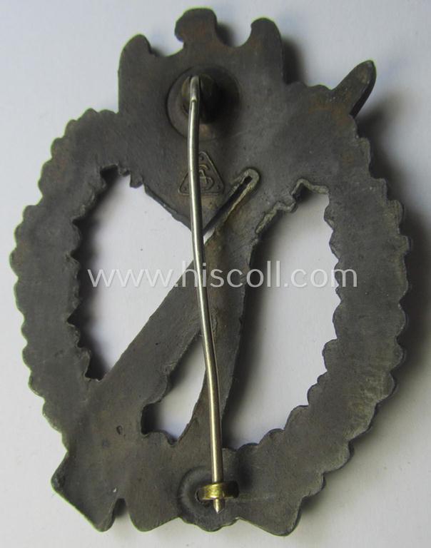 'Infanterie Sturmabzeichen in Bronze' (or: bronze-class infantry assault-badge ie. IAB) being a maker- (ie. 'AS'- ie. 'Adolf Scholze') marked so-called: 'solid-back'-example as was executed in zinc-based metal