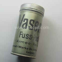Smaller-sized WH-related, metal-based container marked: 'Fuss-Puder - Vasenol'...