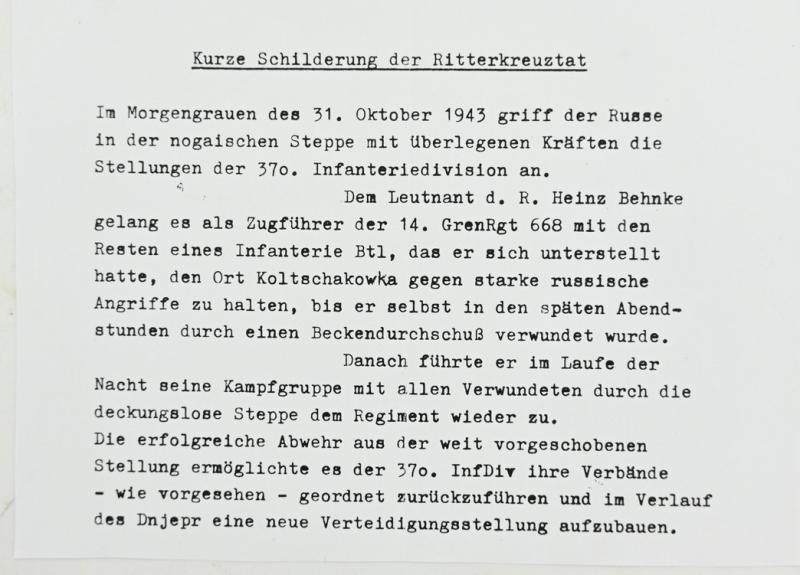 SIgnature of Wehrmacht Heer KC Recipient 'Heinz Behnke'