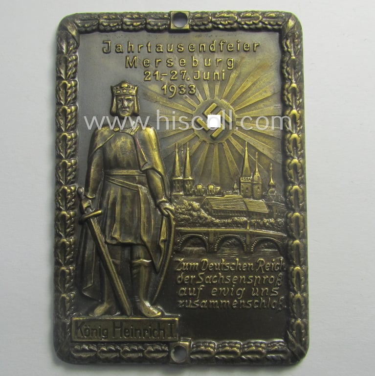 Superb - very detailed and most certainly scarcely found! - neatly golden-bronze-coloured (and I deem 'bronze'-based-) so-called: 'door-plaque' (ie. 'Türplakette') entitled: 'Jahrtausendfeier Merseburg - 21. 27. Juli 1933'