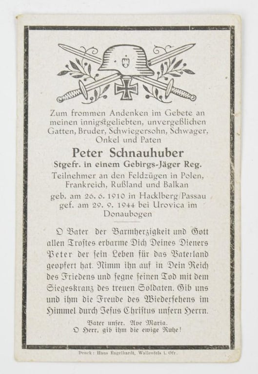 German WH GBJ Deathcard 'Peter Schnauhuber'
