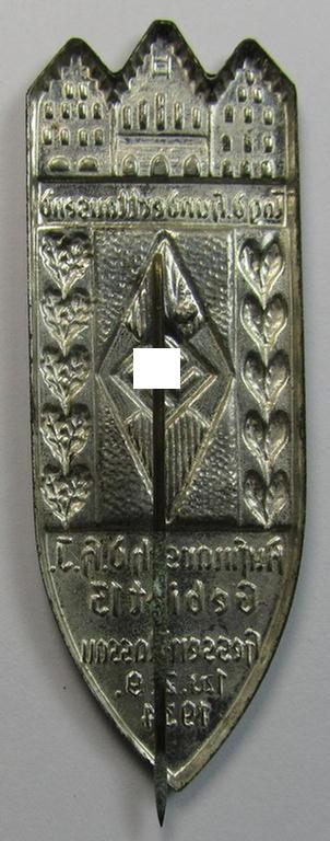 Attractive - and scarcely encountered! - HJ (ie.'Hitlerjugend') related 'tinnie' ie. 'Veranstaltungsabzeichen' being a non-maker-marked example showing a: 'HJ-Raute' and text: 'Aufmarsch der HJ - Gebiet 13 - Hessen-Nassau - 25.-26.8.1934'