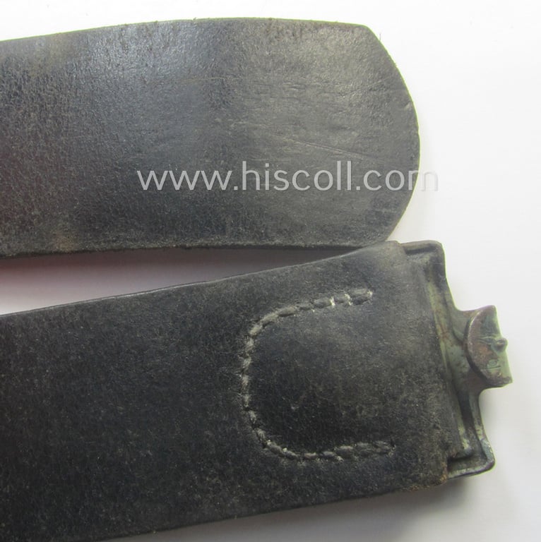 Moderately used, early- (ie. mid-) war-period, black-coloured WH (Heeres, Luftwaffe, Waffen-SS etc.) 'standard-issue'-pattern belt (ie. 'Koppelriemen') being a 105 cms. sized example that shows a (clear) makers'-designation and/or date: '1942'
