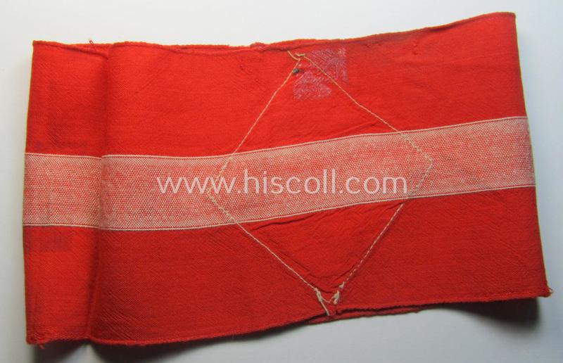 Attractive - and scarcely found! - 'standard-issued'- (ie. entirely woven) pattern, bright-red-coloured HJ- (ie. 'Hitlerjugend'-) related armband (ie. 'Armbinde') being a clearly used example that is void of an 'RzM'-etiket