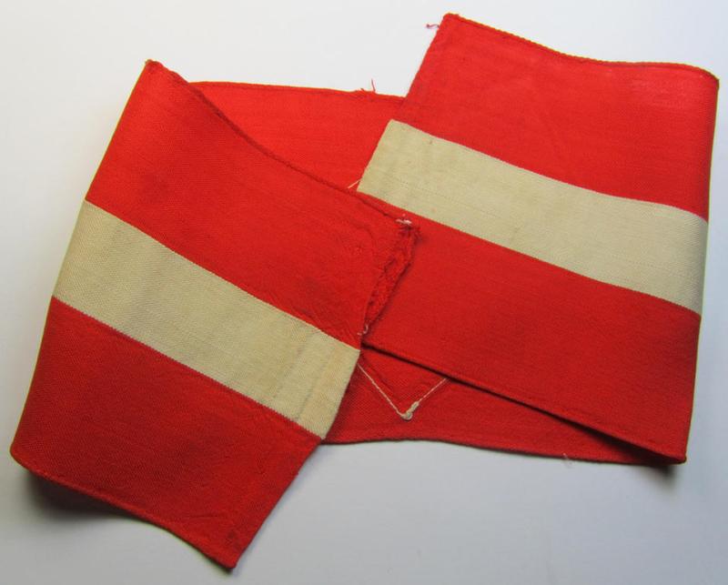 Attractive - and nowadays scarcely found! - 'standard'- (ie. entirely woven) pattern, bright-red-coloured HJ- (ie. 'Hitlerjugend'-) related armband (ie. 'Armbinde') being a moderately worn- ie. used example that regrettably misses its 'RzM'-e...