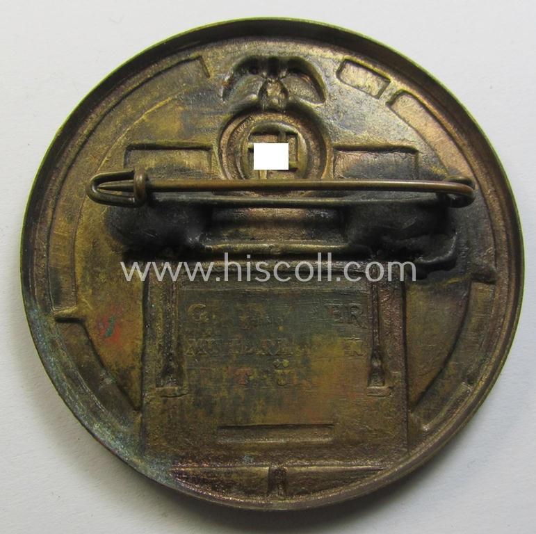 Golden-bronze-toned N.S.D.A.P.-related day-badge (ie. 'tinnie' or: 'Veranstaltungsabzeichen') as was issued to commemorate a party-related meeting: '10 Jahrige Wiederkerhr des Reichsparteitages Weimar - 1926-1936'