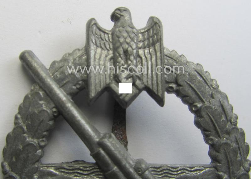 WH (Kriegsmarine) 'Marine-Artillerie-Abzeichen' being a clearly maker- (ie. 'L/56'- thus by: 'Funcke & Brüninghaus'-) marked and/or zinc- (ie. 'Feinzink'-) based example