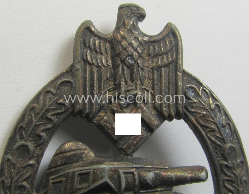 Moderately used 'Panzerkampfabzeichen in Silber' (or: silver-class panzer-assault badge or PAB) being a clearly maker- (ie. 'AS' in a triangle-) marked- and/or typical zinc- (ie. 'Feinzink'-) based specimen as was procuced by a to date unknown...
