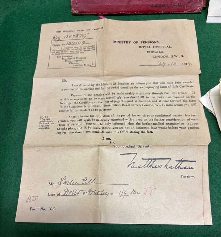 Discharge Wallet 266082 Pte L Gill 1/7th Notts and Derby Regiment (Robin Hood Rifles) Wounded 1/7/1916