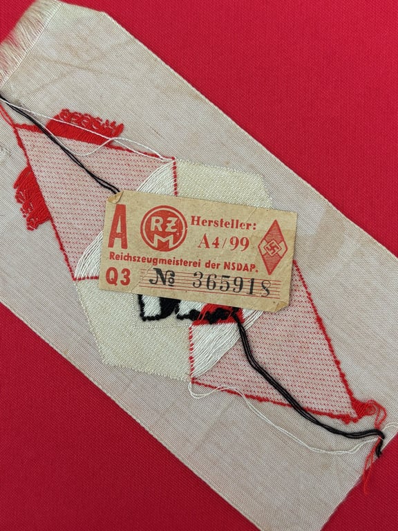 SUPERB WW2 GERMAN HITLER YOUTH LARGE CLOTH BADGE WITH RZM PAPER TAG