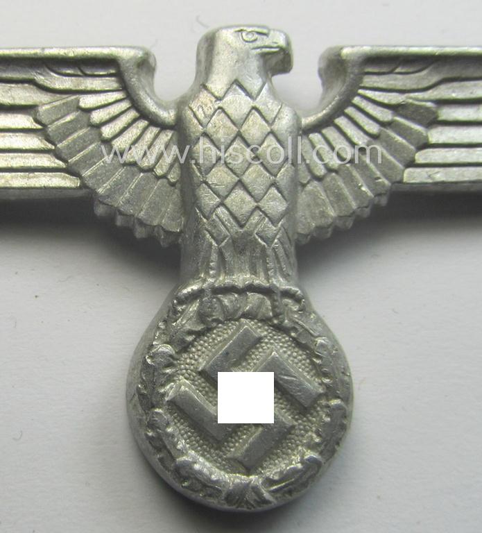 Bright-silver-coloured- and/or: aluminium-based (political-style) visor- (ie. 'Schirmmützen'-) cap-eagle being a detailed example that is neatly: 'RzM' and/or: 'M1/44' marked
