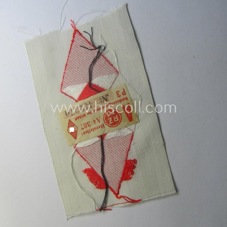 'Standard-issue'-pattern, 'Hitlerjugend'- (ie. 'Bund Deutsche Mädel) ie. HJ/BDM-related so-called: 'Ärmelraute' as executed in so-called 'BeVo'-weave pattern (being a never used- ie. 'virtually mint' example that retains its 'RzM'-etiket)