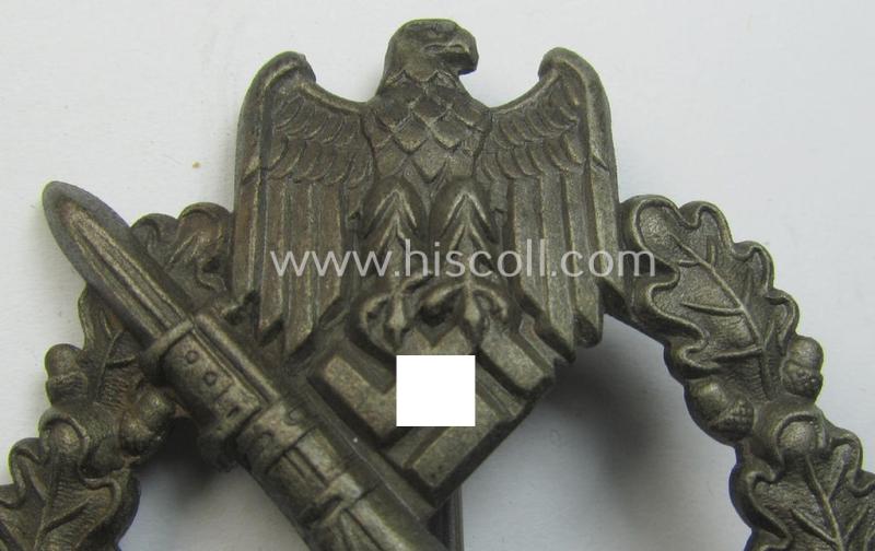 Superb, 'Infanterie Sturmabzeichen in Bronze' being a maker-marked (and/or very converse- ie. vaulted-) 'hollow-back' example by the maker: 'Friedrich Linden' (ie. 'F.L.L.') as was executed in bronze-coloured, zinc-based metal (ie. 'Feinzink...