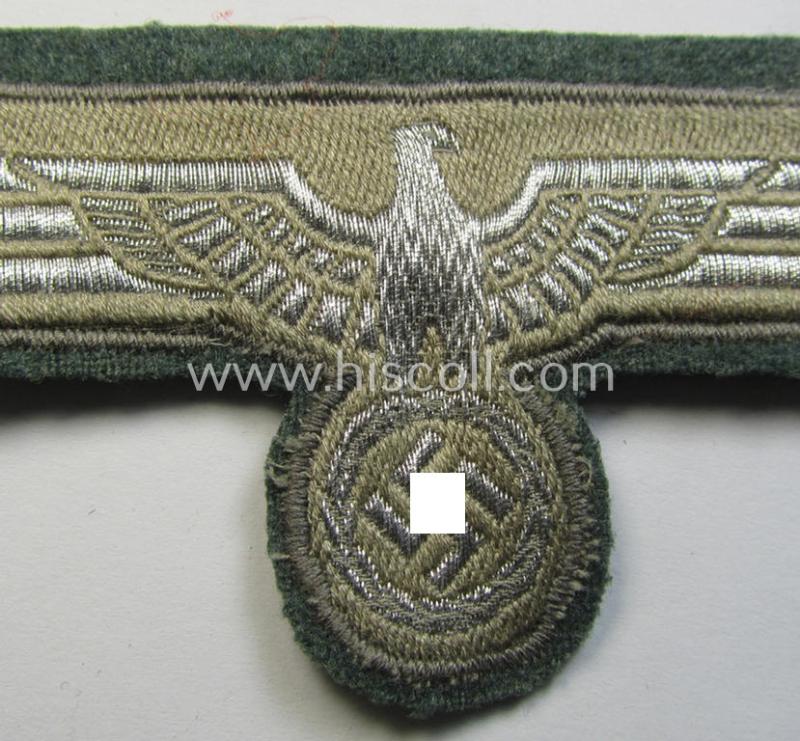 Superb, WH (Heeres) breast-eagle as executed in 'BeVo'-type-, so-called: 'flat-wire'-weave-pattern and pre-mounted on field-grey-coloured wool as was specifically intended for usage by soldiers (ie. NCOs) on their dress-tunics (ie. 'Waffenröcke...