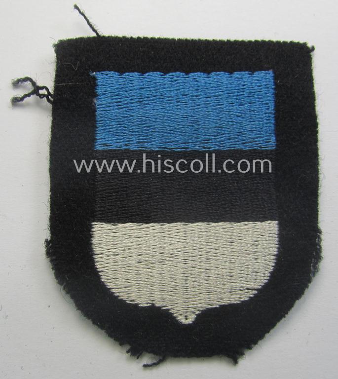 Estonian, Waffen-SS 'volunteer' arm-shield as was specifically intended for usage by soldiers of the: '20. Waffen-Grenadier-Division der SS' (ie. 'estnische Nr. 1') that comes in a 'virtually mint- ie. unissued', condition