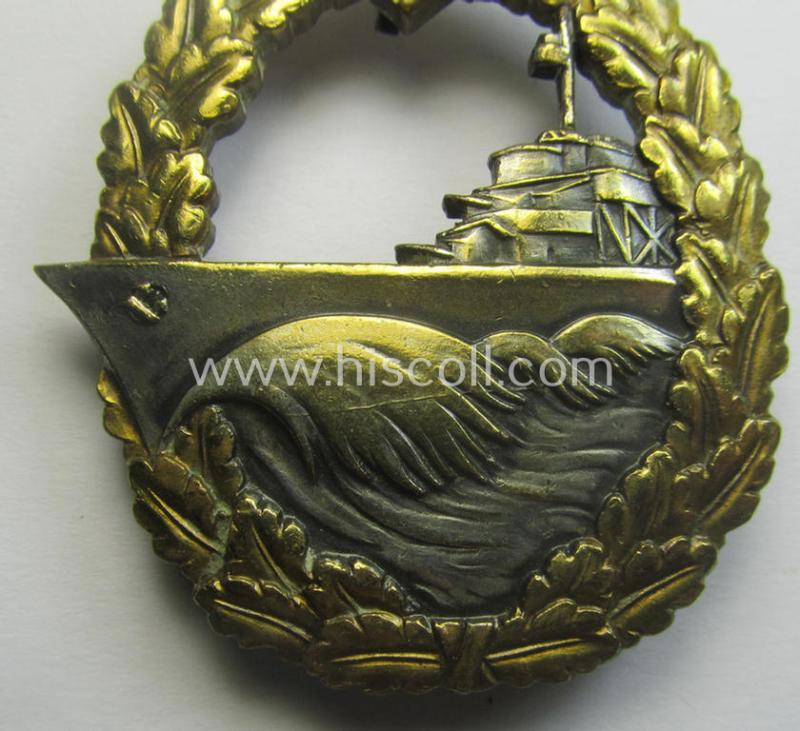 WH (Kriegsmarine) 'Zerstörerkriegsabzeichen' being a non-maker-marked example as executed in 'Buntmetall' (ie. 'Tombak') as was (I deem) produced by the desirable maker (ie. 'Hersteller'): 'GWL' (ie. 'Gebr. Wegerhoff')