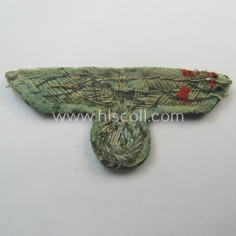 Clearly used- and/or cap-removed, WH (Heeres) officers'-pattern, visor-cap eagle/cocarde-set (ie. 'Effektensatz für Schirmmütze') being both hand-embroidered examples that come mounted onto a darker-green-coloured- and/or woolen-based background