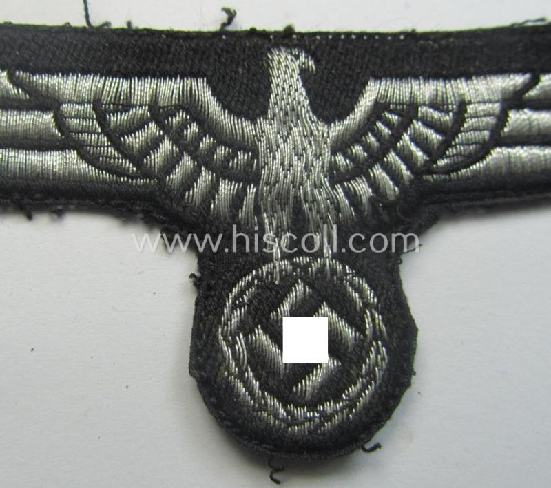 Truly used- and carefully tunic-removed, WH (Heeres) early- (ie. pre-) war-period 'Panzer'-officers-type breast-eagle of the so-called: 'M35'- (ie.'M36'-) pattern as was executed in the 'BeVo'-flat-wire-woven pattern