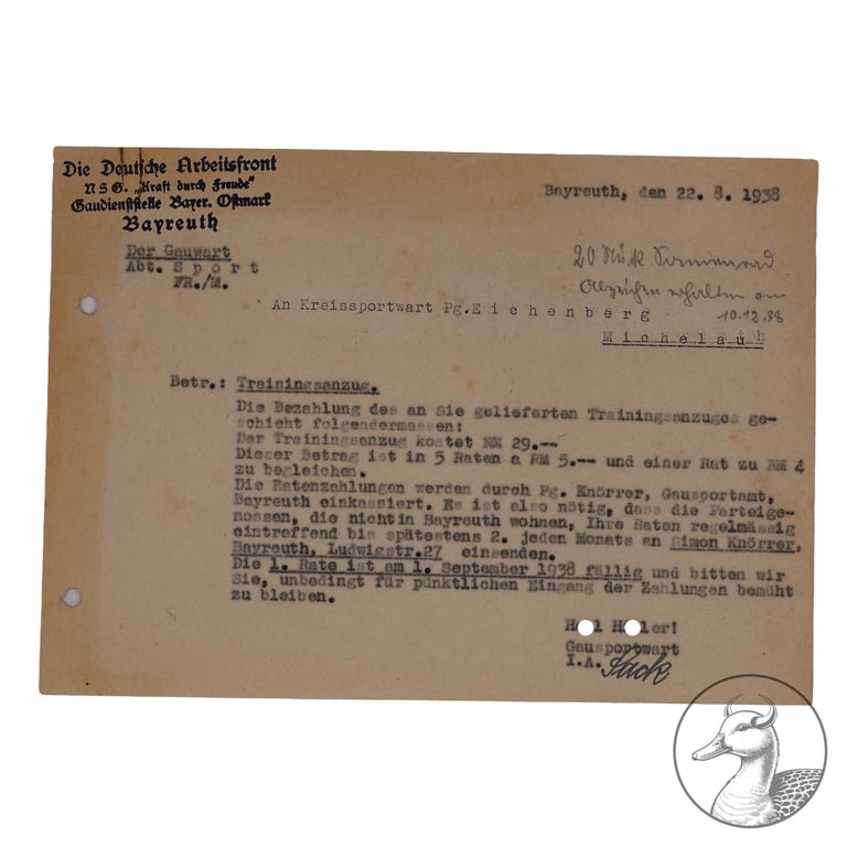 Konvolut Dokumente Deutsche Arbeitsfront Bayreuth-Partei Kreissportwart