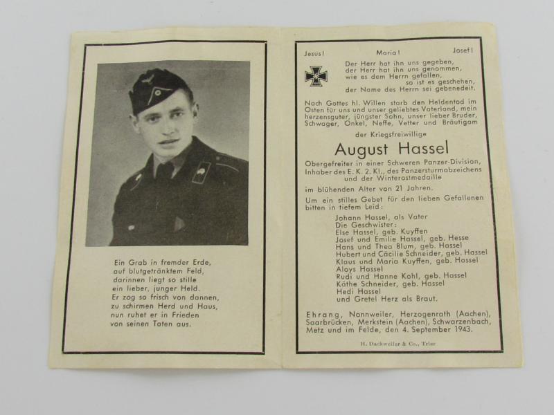 Death Notice Wehrmacht Panzer Soldier